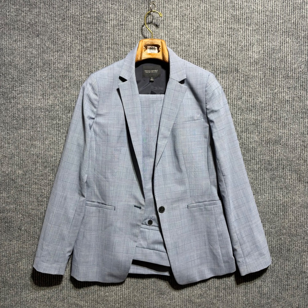 Banana Republic Pant Suit Womens 8 Blue Plaid Long and Lean Blazer Trousers Set